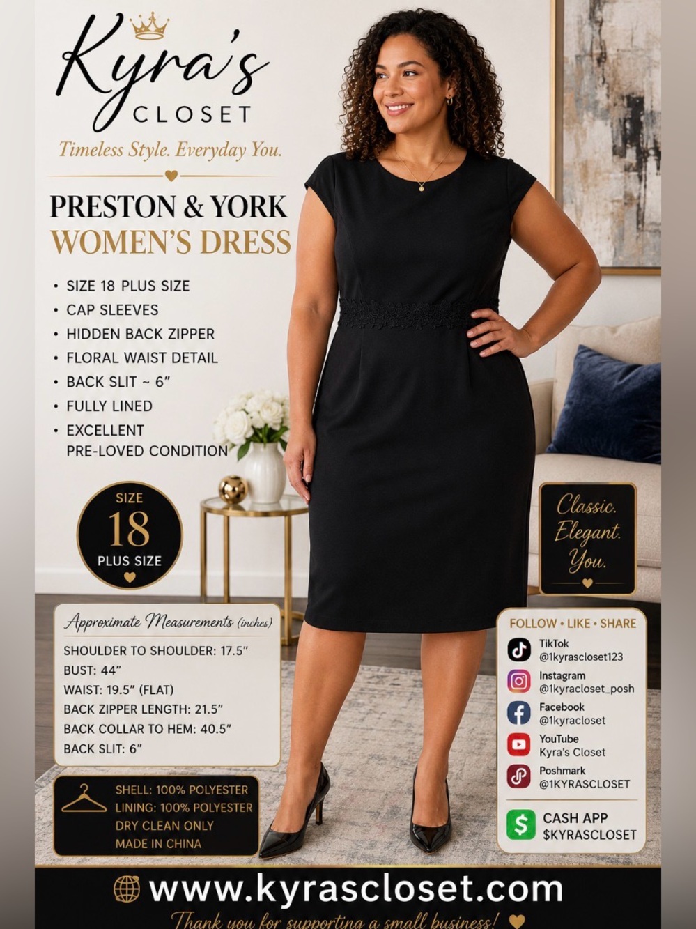 Preston & York Black Sheath Dress Size 18 Plus Cap Sleeve Floral Waist